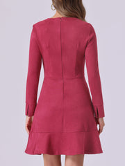 Faux Suede Round Neck Long Sleeve Ruffle Hem Party Mini Dress