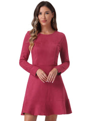 Faux Suede Round Neck Long Sleeve Ruffle Hem Party Mini Dress