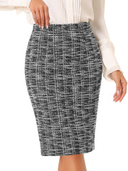High Waist Split Office Pencil Plaid Tweed Midi Skirt