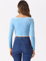 Velvet Long Sleeve Off Shoulder Solid Crop Top