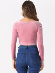 Velvet Long Sleeve Off Shoulder Solid Crop Top