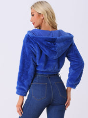 Casual Faux Fur Coat Zip Up Hooded Cropped Fuzzy Fleece Jacket