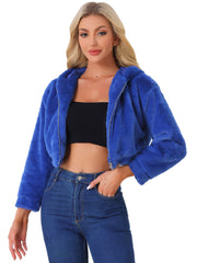 Casual Faux Fur Coat Zip Up Hooded Cropped Fuzzy Fleece Jacket