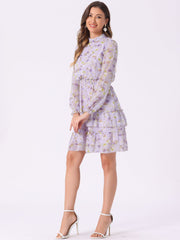 Floral Smocked Waist Sheer Sleeve Ruffle Layers Chiffon Dress