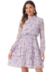 Floral Smocked Waist Sheer Sleeve Ruffle Layers Chiffon Dress