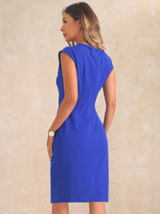 Round Neck Cap Sleeves Ruched Button Decor Midi Sheath Dress