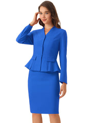 2 Piece Long Sleeve Collarless Peplum Blazer and Pencil Skirt Work Suit Set