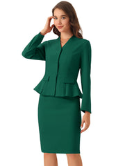 2 Piece Long Sleeve Collarless Peplum Blazer and Pencil Skirt Work Suit Set