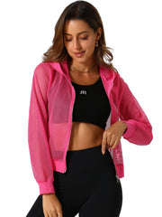 Zip Up Long Sleeve Mesh Sheer Hoodie Bomber Jackets