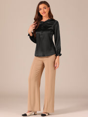 Ruffle Neck Bubble Sleeve Elastic Cuff Button Satin Blouse