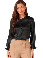 Ruffle Neck Bubble Sleeve Elastic Cuff Button Satin Blouse