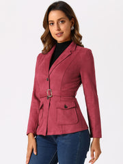 Faux Suede Blazer Belted Lapel Outwear Single Breasted Work Jacket