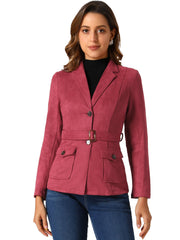 Faux Suede Blazer Belted Lapel Outwear Single Breasted Work Jacket