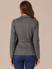 Faux Suede Blazer Belted Lapel Outwear Single Breasted Work Jacket