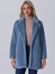 Lapel Collar Faux Fur Fuzzy Winter Warm Pockets Coat