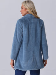 Lapel Collar Faux Fur Fuzzy Winter Warm Pockets Coat