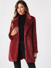 Lapel Collar Faux Fur Fuzzy Winter Warm Pockets Coat