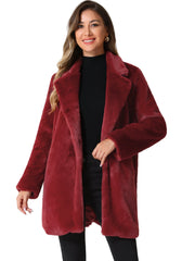 Lapel Collar Faux Fur Fuzzy Winter Warm Pockets Coat