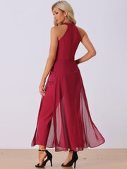 Sleeveless Halter Neck Belted Elegant Wedding Cocktail Dressy Jumpsuits