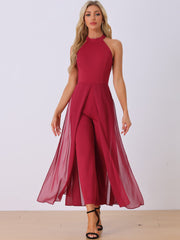 Sleeveless Halter Neck Belted Elegant Wedding Cocktail Dressy Jumpsuits