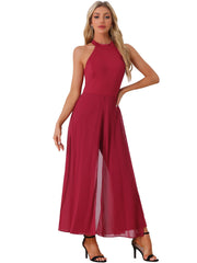 Sleeveless Halter Neck Belted Elegant Wedding Cocktail Dressy Jumpsuits
