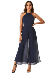Sleeveless Halter Neck Belted Elegant Wedding Cocktail Dressy Jumpsuits