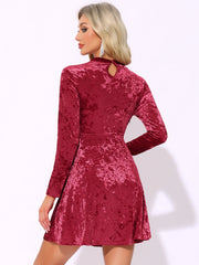 Keyhole Neck High Waist Long Sleeve Velvet Swing Mini Dress