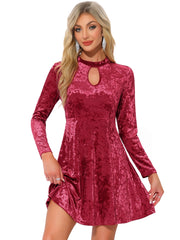 Keyhole Neck High Waist Long Sleeve Velvet Swing Mini Dress