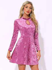 Keyhole Neck High Waist Long Sleeve Velvet Swing Mini Dress