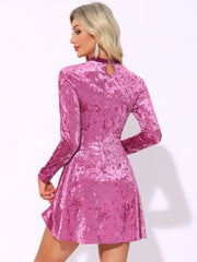 Keyhole Neck High Waist Long Sleeve Velvet Swing Mini Dress