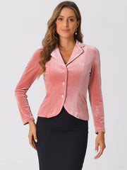 Notched Lapel Long Sleeve Office Business Button Velvet Blazer