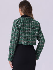 Stand Collar Double Breasted Elegant Plaid Tweed Crop Jacket