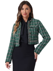 Stand Collar Double Breasted Elegant Plaid Tweed Crop Jacket