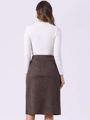 High Waist Faux Suede Knee Length A-Line Skirt