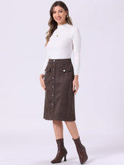 High Waist Faux Suede Knee Length A-Line Skirt
