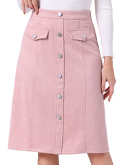 High Waist Faux Suede Knee Length A-Line Skirt