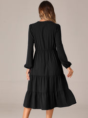 Lantern Sleeve Pocketed Ruffled Tiered A-Line Midi Dress