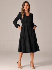 Lantern Sleeve Pocketed Ruffled Tiered A-Line Midi Dress