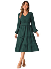 Lantern Sleeve Pocketed Ruffled Tiered A-Line Midi Dress
