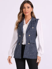 Tweed Open Front Plaid Sleeveless Cardigan Blazer Jacket Vest