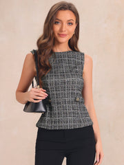 Tweed Plaid Sleeveless Crew Neck Buckle Decor Blouse