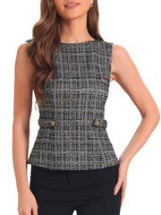 Tweed Plaid Sleeveless Crew Neck Buckle Decor Blouse