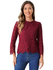 Lace Long Sleeve Ruffle Stand Neck Floral Blouse