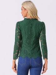 Lace Long Sleeve Ruffle Stand Neck Floral Blouse