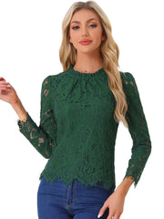 Lace Long Sleeve Ruffle Stand Neck Floral Blouse