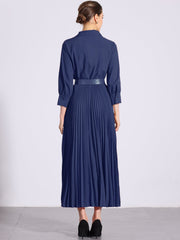 Collar V Neck Belted Dressy Casual Pleated Maxi Dress