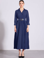 Collar V Neck Belted Dressy Casual Pleated Maxi Dress