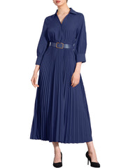 Collar V Neck Belted Dressy Casual Pleated Maxi Dress