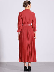 Collar V Neck Belted Dressy Casual Pleated Maxi Dress