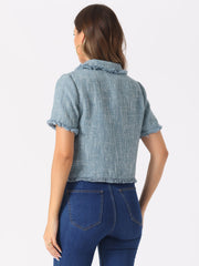 Tweed Tassel Cropped Length Summer Short Sleeve Shirt